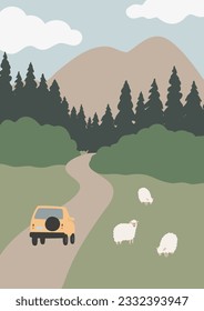 mountain landscape poster illustration clipart, vector travel road trip printable clip art, hiking in mountain scene images in flat style, tourist couple woman rock forest outdoor journey