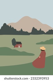 mountain landscape poster illustration clipart, vector travel road trip printable clip art, hiking in mountain scene images in flat style, tourist couple woman rock forest outdoor journey