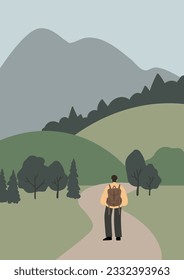 mountain landscape poster illustration clipart, vector travel road trip printable clip art, hiking in mountain scene images in flat style, tourist couple woman rock forest outdoor journey