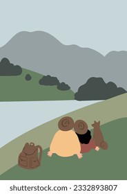 mountain landscape poster illustration clipart, vector travel road trip printable clip art, hiking in mountain scene images in flat style, tourist couple woman rock forest outdoor journey