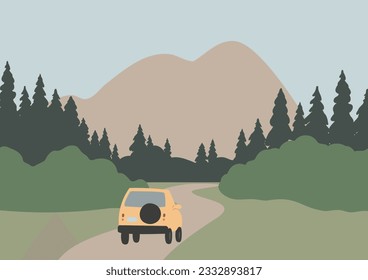 mountain landscape poster illustration clipart, vector travel road trip printable clip art, hiking in mountain scene images in flat style, tourist couple woman rock forest outdoor journey