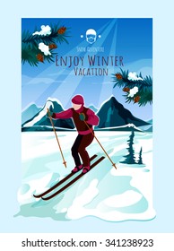 Mountain landscape poster with man skiing and pine tree branches on background vector illustration