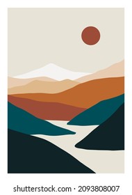 Afiche del paisaje de montaña. Fondo de naturaleza minimalista, colinas contemporáneas abstractas, sol, luna. Arte de pared vectorial para impresión