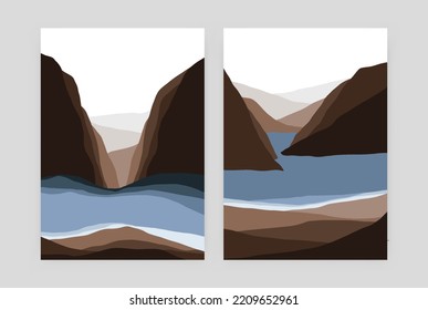 Mountain landscape posters. Geometric abstract minimal contemporary scandinavian rock lake background art. Vector set