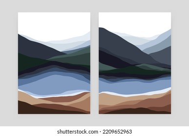 Mountain landscape posters. Geometric minimal contemporary scandinavian rock lake background art. Vector abstract set