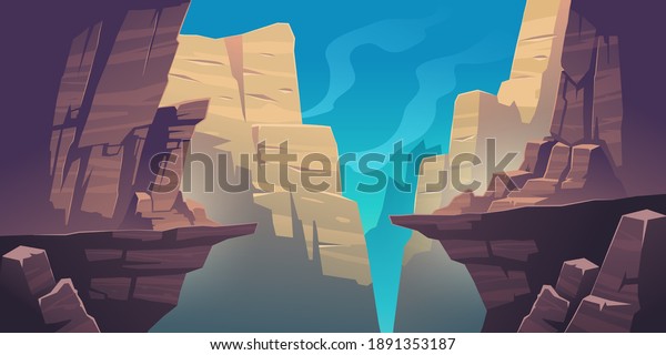 Mountain landscape with\
precipice in rocks. Vector cartoon illustration of abyss between\
cliffs, canyon or gorge. Dangerous rocky crack, gap or chasm\
divides stone ledge