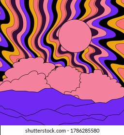 Mountain Landscape In Psychedelic 60's - 70's Style.