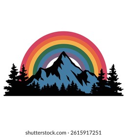 Mountain Landscape with Rainbow and Trees Illustration	