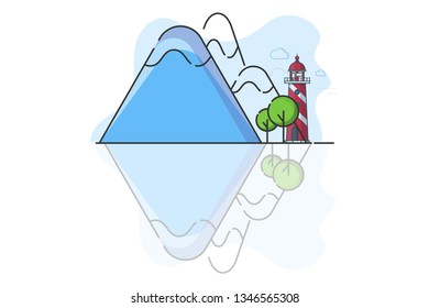 Mountain landscape with red lighthouse.