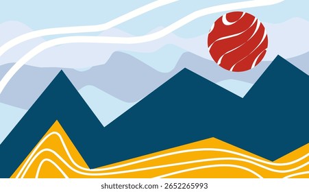 Mountain landscape with a red planet in the middle. Vector illustration