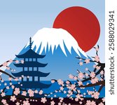 Mountain landscape and red sun. Japanese pagoda against the sea and mountain. Red sun and cherry blossom branches. Vector illustration