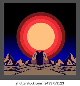 Mountain landscape with red sun in the night. Vector illustration