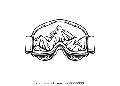 Mountain Landscape Reflected in Ski Goggles Line Art