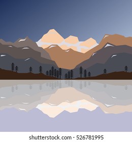 Mountain landscape and reflection in lake or river. Vector illustration. Snow in the top. Travel postcard. Sunrise. Trees.