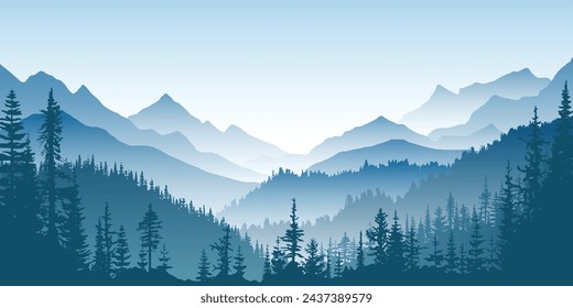 Mountain landscape, ridges in fog, forest on slopes, vector illustration