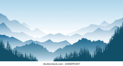 Mountain landscape, ridges in fog, forest on slopes, vector illustration