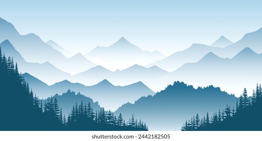 Paisaje de montaña, crestas en la niebla, bosque en las laderas, ilustración vectorial