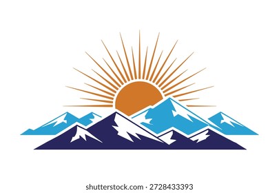 Mountain landscape with rising sun vector illustration, scenic nature view with blue peaks