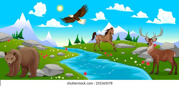 Mountain landscape with river and animals. Cartoon and vector illustration 