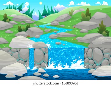 Mountain landscape with river. Cartoon and vector illustration