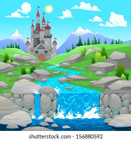 Mountain landscape with river and castle. Cartoon and vector illustration