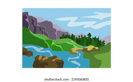 Mountain landscape with a river and coniferous forest. Vector flat illustration. Banner, background.