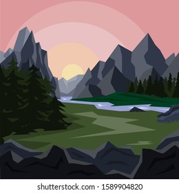 Mountain landscape and river at dawn. Illustration in a flat style.