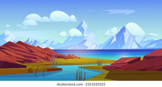 Mountain landscape with river delta. Vector cartoon illustration of water flowing into sea or lake, majestic rocky peaks with glacier, green valley with plants, blue sky with clouds. Vacation banner