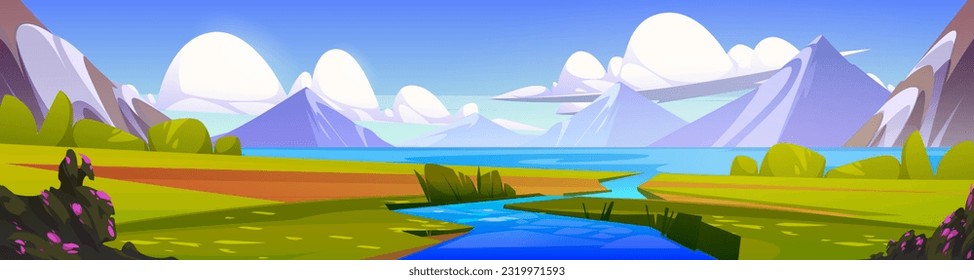 Paisaje montañoso con delta del río. Dibujo vectorial de agua fluyendo al mar, majestuosos picos rocosos con glaciar, valle verde con arbustos florecientes, cielo soleado con nubes. Banner de vacaciones