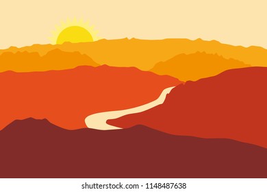 Mountain Landscape with a River During Sunset Vector