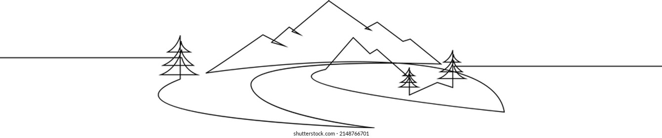 Mountain landscape with river and fir-trees. Minimalistic continuous one line drawing. Travel graphics. Vector illustration. Black on white.