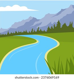 Mountain landscape with river and forest in flat style. Vector illustration.