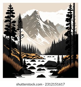 Paisaje de montaña con río y bosque. Ilustración vectorial en estilo retro