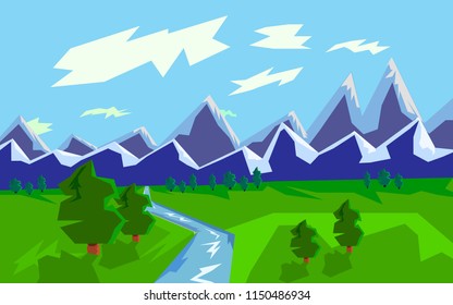 Mountain landscape with river, graphic illustration, vector