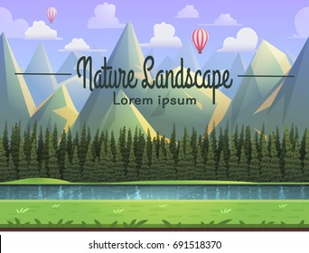 Mountain landscape with river, grass and coniferous forest. Vector illustration with text.