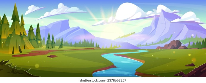 Mountain landscape with river in green valley. Vector cartoon illustration of beautiful natural background with green grass and fir tree forest, water stream flowing towards rocks, clouds in sunny sky
