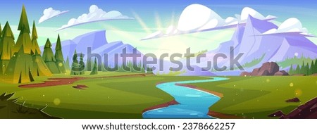 Mountain landscape with river in green valley. Vector cartoon illustration of beautiful natural background with green grass and fir tree forest, water stream flowing towards rocks, clouds in sunny sky