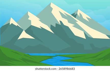 Mountain landscape with river and high peaks. Vector illustration in flat style