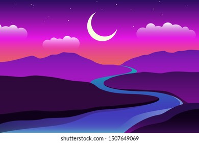 Mountain landscape with the river. Night landscape with the crescent.