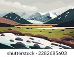 Mountain landscape with river and snow-capped mountains. Vector illustration. Tundra with snowy fields