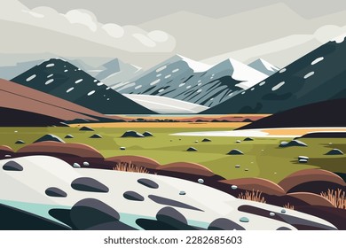 Mountain landscape with river and snow-capped mountains. Vector illustration. Tundra with snowy fields