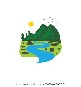 Mountain landscape with river and sun logo design vector