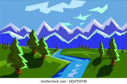 Mountain landscape, river, trees, clouds, shadow, evening landscape, vector, illustration, geometric style.