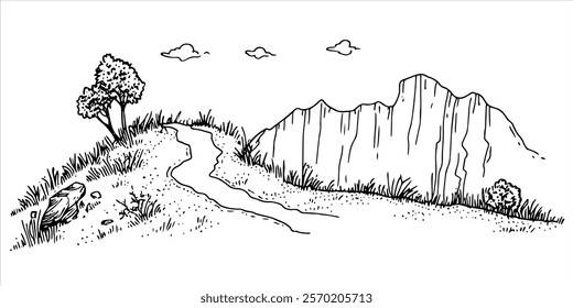 mountain landscape with river and trees hand-drawn illustration