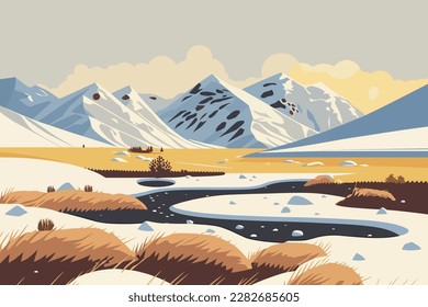 Mountain landscape with a river. Vector illustration in flat style. Tundra with snowy fields