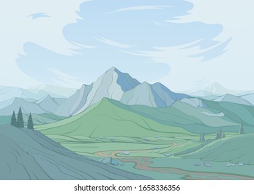 Mountain landscape, road among hills against the background of mountains and blue sky with clouds, created by imagination in the format of vector graphics.