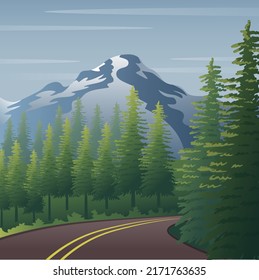 Paisaje montañoso con una carretera y un bosque de pinos. Viajando inolvidables. Naturaleza, mañana, aire fresco de sierra.