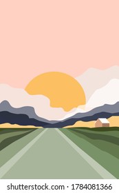Paisaje montañoso con carretera, pequeña casa y puesta de sol