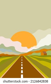 Mountain landscape with road, small house and sunset