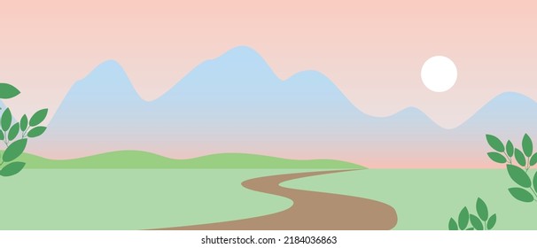 Mountain landscape with road and sunrise, flat vector stock illustration or horizontal banner for design